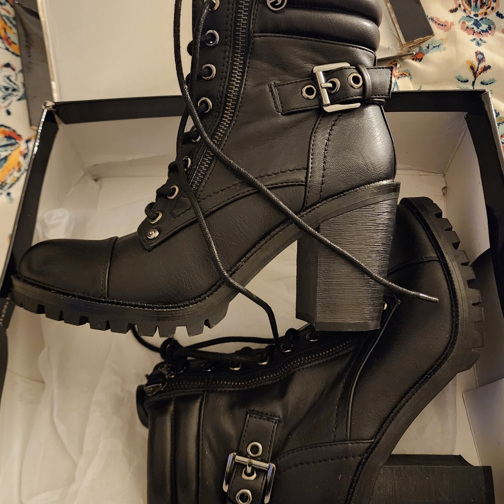 Guess Black Combat Boots with Buckle and Lace-Up Design